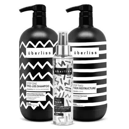 Kit com shampoo, escova progressiva e protetor térmico Überliss da marca Avlon.