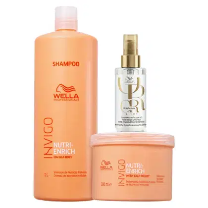 Três produtos de Wella Professionals. O primeiro é o shampoo Nutri-Enrich em uma embalagem laranja de 1 litro. O segundo é a máscara de 500ml da mesma linha. O terceiro é o óleo Oil Reflections Light, em um frasco transparente com detalhes dourados.