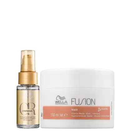 Um óleo em frasco dourado com um aplicador em spray da linha Oil Reflections. E uma embalagem branca retangular contendo uma máscara de tratamento intensivo da linha Fusion, com 150ml de capacidade.