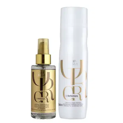 Shampoo 250ml e óleo 100ml. Cores predominantes são branco e dourado.