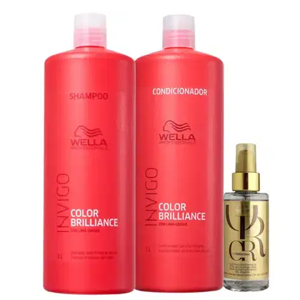 Conjunto de produtos Wella Professionals para cabelos coloridos, incluindo shampoo, condicionador e óleo capilar