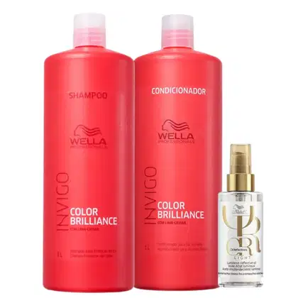 Conjunto de produtos Wella Professionals Color Brilliance, incluindo shampoo e condicionador e óleo Oil Reflections Light.