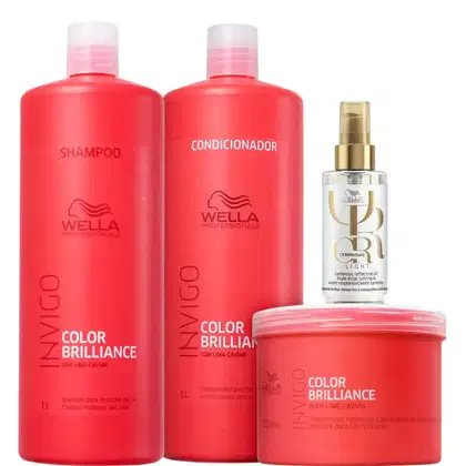 Conjunto de produtos Wella Professionals da linha Color Brilliance, incluindo shampoo, condicionador e máscara e óleo Oil Reflections Light.