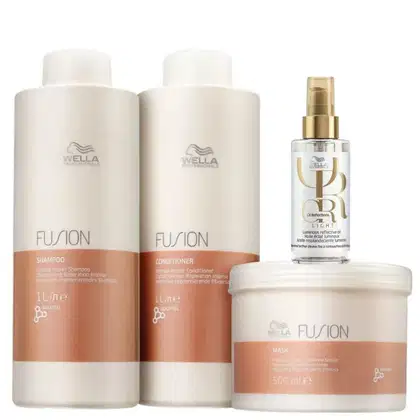 Shampoo e condicionador Fusion 1L, máscara Fusion 500ml e Oil Reflections Light 100ml.