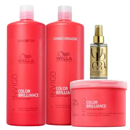 Conjunto de produtos Wella Professionals para cabelos coloridos, incluindo shampoo, condicionado e máscara Color Brilliance e óleo capilar Oil Reflections.