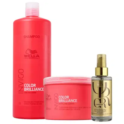 Conjunto de produtos Wella Professionals, incluindo shampoo e máscara Color Brilliance e óleo capilar Oil Reflections