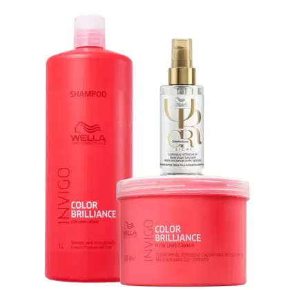 Conjunto de produtos Wella Professionals, incluindo shampoo e máscara Color Brilliance e um frasco de óleo Oil Reflections