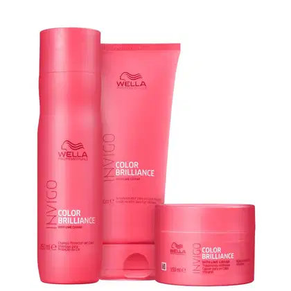 Produtos da linha Color Brilliance da Wella Professionals, incluindo shampoo, condicionador e máscara para cabelos coloridos