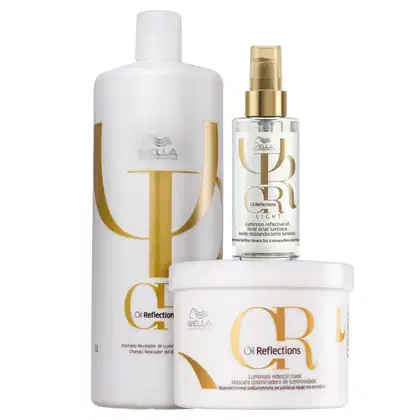 Linha Wella Professionals "Oil Reflections". Os produtos incluem um shampoo em uma embalagem branca e dourada de plástico, um óleo capilar em um frasco transparente com tampa dourada, e uma máscara capilar em um pote branco com detalhes dourados.
