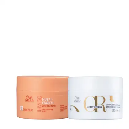 Uma máscara nutritiva chamada Nutri-Enrich com extrato de goji berry, em uma embalagem laranja de 150ml. E uma máscara Oil Reflections, em uma embalagem branca de 150ml.