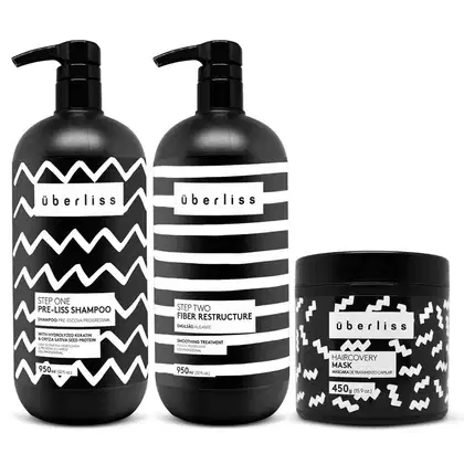 Kit com shampoo, escova progressiva e máscara capilar Überliss da marca Avlon.