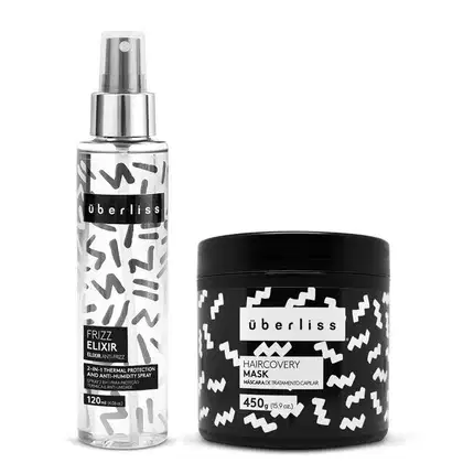 Kit com máscara capilar e protetor térmico Überliss da marca Avlon.