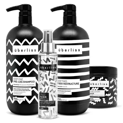 Kit com shampoo, escova progressiva, máscara capilar e protetor térmico Überliss da marca Avlon.