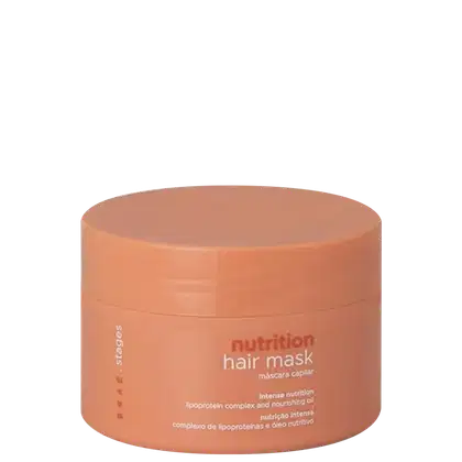 Pote de máscara capilar da marca Braé, com tampa laranja e rótulo com o texto "nutrition hair mask" e informações sobre o produto.
