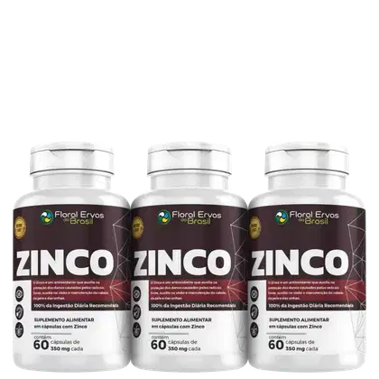 Três frascos de suplemento alimentar em cápsulas de zinco da marca Floral Ervas do Brasil. Rótulos marrons com o nome "ZINCO" e informações sobre o produto, como "100% da Ingestão Diária Recomendada", "60 cápsulas de 350mg cada"