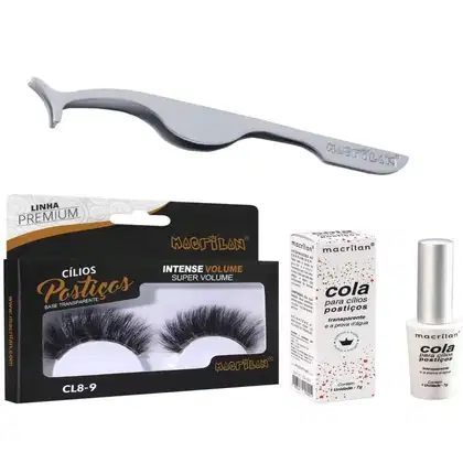 Imagem do produto Combo Cílios Super Volume + Pinça + Cola - Macrilan - CA-001 + CL8-9 + PI-11