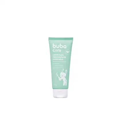Creme para prevenção de assaduras da marca Buba Care. Embalagem de 100g em tubo cor verde menta. Rótulo com o nome "Creme para Prevenção de Assaduras" e detalhes como "Hipoalergênico" e "À base de óxido de zinco". Ilustração de um coelho branco estilizado