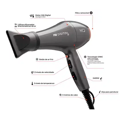 Imagem do produto MQ Profissional Pro Digital Secador de Cabelo 2400W com 2 Velocidades Cinza 110V