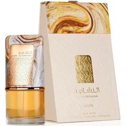 Frasco de vidro com um design marmorizado em tons de amarelo e marrom, e uma caixa de papelão com um padrão geométrico dourado. O texto visível no frasco e na caixa indica o nome do perfume "Al Nashama" e a marca "Lattafa".