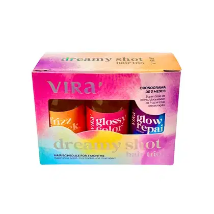 Caixa de produtos Virá Cosméticos contendo três frascos de tratamento capilar: Frizz Lock, Glossy Color e Glow Repair, com cronograma de 3 meses para super dose de brilho, bloqueio de frizz e restauração total.