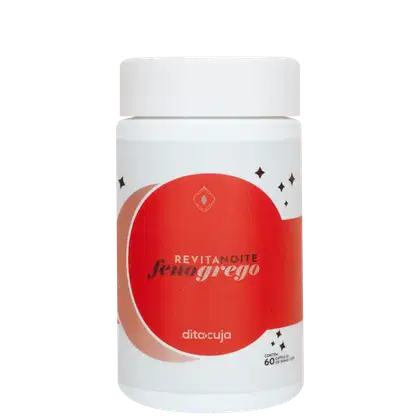 Um pote branco de suplemento vitamínico. No centro lê-se “Revita Noite Feno Grego”.