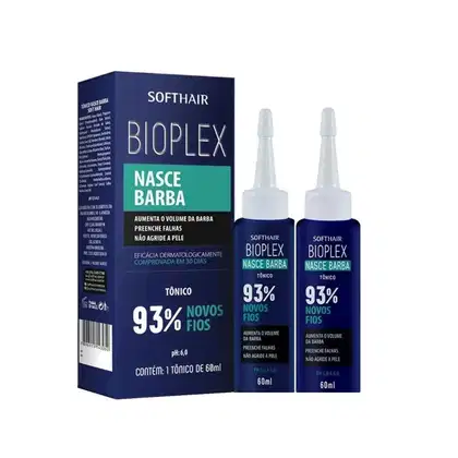 O produto apresentado é um tônico para crescimento da barba da marca Softhair Bioplex. A embalagem consiste em uma caixa azul escura e dois frascos brancos de 60ml, com rótulos indicando que o produto promove o crescimento e volume da barba.