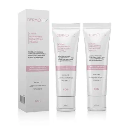Creme hidratante para região pélvica da marca Dermosex, em embalagens de 60g, com rótulos em tons de branco e rosa, destacando ingredientes como ácido hialurônico e vitamina E.