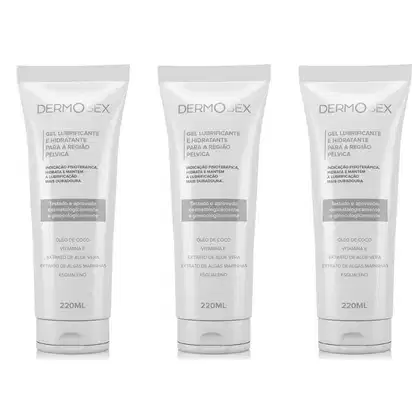 Três tubos de gel lubrificante e hidratante para a região pélvica da marca Dermosex, com 220ml cada. Os tubos possuem rótulos brancos com o nome da marca e informações sobre a indicação fisioterapêutica e composição do produto.