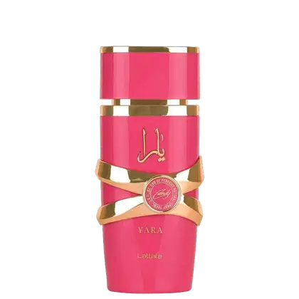 Frasco de perfume rosa da marca Lattafa Perfumes, com detalhes dourados na embalagem e rótulo com o nome "Yara". O produto possui uma tampa dourada e uma fita decorativa em tom dourado.