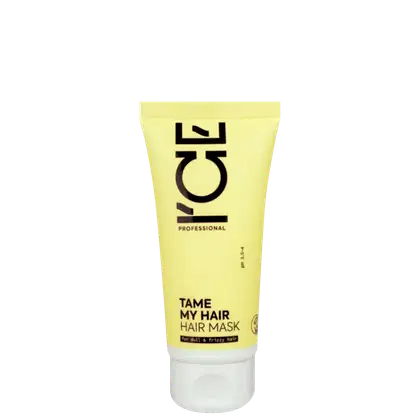 Bisnaga amarela com rótulo preto da marca Ice Professional, contendo máscara capilar para cabelos opacos e rebeldes.