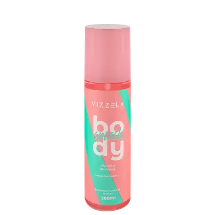 A imagem mostra um frasco de body splash com rótulo rosa e detalhes verdes.