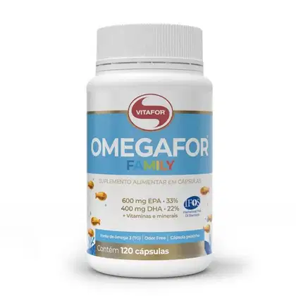 Suplemento alimentar em cápsulas da marca Vitafor, chamado Omegafor Family. Embalagem branca com detalhes azuis e dourados, contendo 120 cápsulas com 600 mg de EPA e 400 mg de DHA, além de vitaminas e minerais.