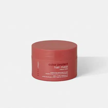Máscara capilar da linha Color Protect da Braé, em embalagem redonda de cor vermelha, com rótulo destacando os ingredientes como extrato de physalis, mirtilo e antioxidantes.