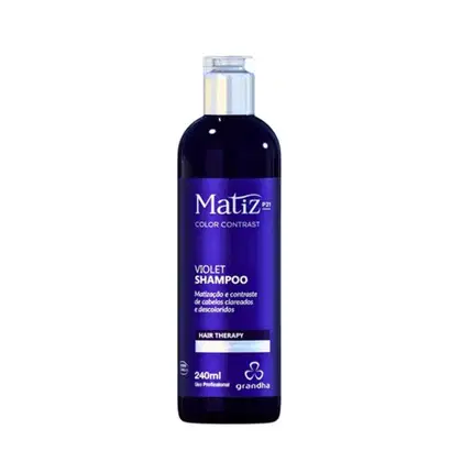 Frasco de shampoo violeta da linha Matiz da Grandha, com 240ml de capacidade. Rótulo em fundo roxo com o nome do produto e informações sobre sua função de contraste de cor para cabelos descoloridos.