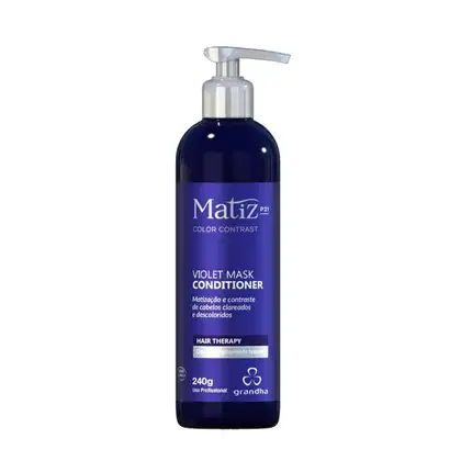 Frasco de condicionador Matiz P21 da marca Grandha, na cor azul escuro, com rótulo destacando "Violet Mask Conditioner" e informações sobre o produto.