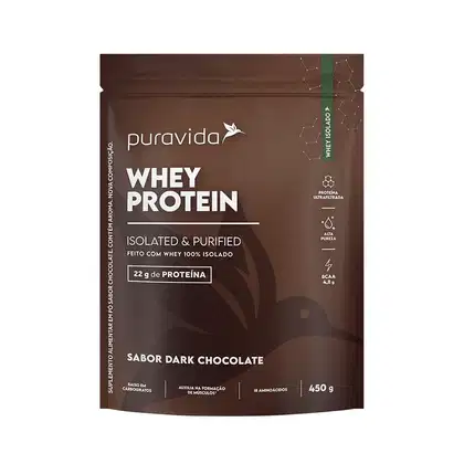 Whey Protein da marca Puravida, sabor dark chocolate. Embalagem de 450g. O rótulo destaca que é uma proteína isolada e purificada, feita com 100% whey isolado, contendo 22g de proteína.