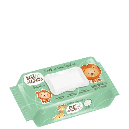 Este é um pacote de toalhas umedecidas para bebês da marca Bebê Orgânico. A embalagem é retangular e de cor verde clara. Na parte frontal, há ilustrações de um urso, leão e um macaco.