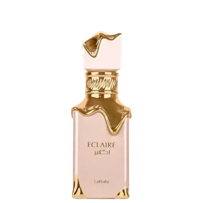 Frasco de perfume Eclaire da marca Lattafa, com embalagem em tons de rosa e dourado, apresentando um design elegante e sofisticado.