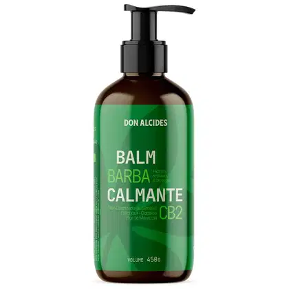 Frasco de 450g de Balm Barba Calmante CB2 da marca Don Alcides, com embalagem verde e preta, contendo informações sobre o produto e seus ingredientes.
