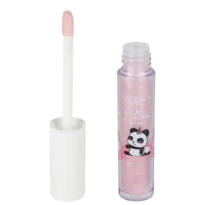 O produto é um brilho labial líquido da marca Vizzela. Vem em um frasco cilíndrico transparente com tampa branca, contendo um líquido rosa brilhante com partículas cintilantes.
