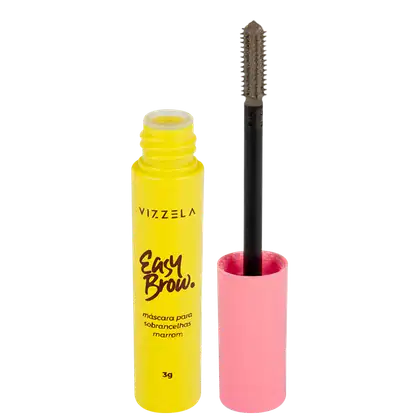 O produto é uma máscara para sobrancelhas da marca Vizzela. Consiste em um frasco cilíndrico amarelo com a inscrição "Easy Brow" e a descrição "máscara para sobrancelhas marrom" em português.