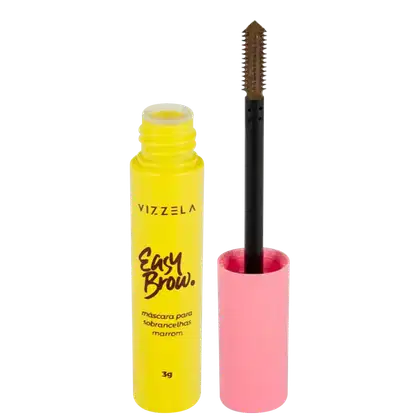 O produto é uma máscara para sobrancelhas da marca Vizzela. Consiste em um frasco cilíndrico amarelo com a inscrição "Easy Brow" e a descrição "máscara para sobrancelhas marrom" em português.