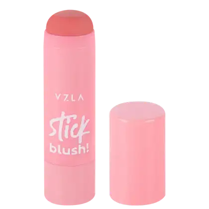 Stick blush da marca Vizzela Cosméticos. Embalagem em formato de bastão, na cor rosa claro. O bastão tem o nome da marca "Vizzla" e o produto "Stick blush" escritos em letras brancas.