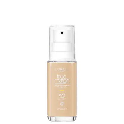 Frasco de maquiagem True Match da L'Oréal Paris, com fórmula super-misturável, na cor W3 Warm Light Medium, com embalagem transparente e rótulo branco.