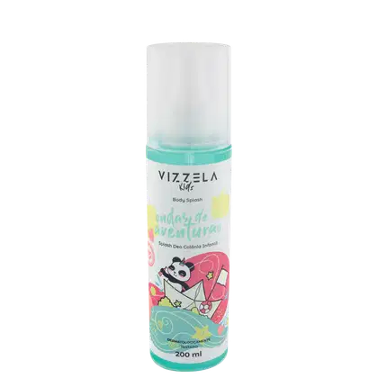 A imagem mostra um frasco de body splash com rótulo de fundo branco todo colorido.