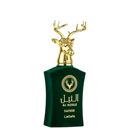 Frasco de perfume da marca Al Noble da Lattafa Perfumes, com embalagem verde escura e detalhes dourados, incluindo um adorno em forma de cabeça de cervo no topo.