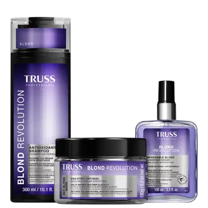 Produtos para cabelos loiros da linha Blond Revolution da marca TRUSS Professional. Inclui um shampoo antioxidante em frasco de 300ml, uma máscara capilar efeito teia para melhorar a elasticidade dos fios, e um finalizador à prova d'água.