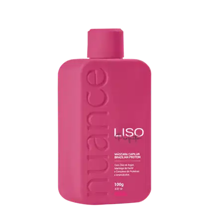 Escova progressiva orgânica Nuance Professional. O rótulo indica que o produto contém óleo de argan, manteiga de karité e um complexo de proteínas, sendo destinado ao tratamento capilar.