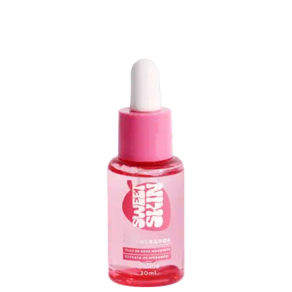 A imagem mostra um frasco transparente cm tampa rosa e conta-gotas branco.