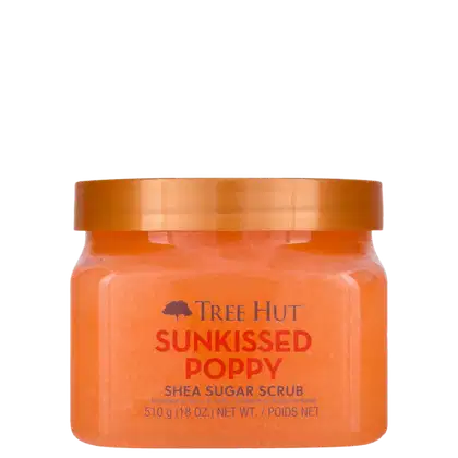 Pote de açúcar de cana e manteiga de karité da marca Tree Hut, com rótulo laranja e texto "Sunkissed Poppy" em vermelho. Produto de esfoliação corporal com 510g de conteúdo.